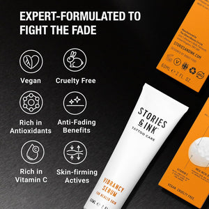 Stories & Ink Vibrancy Serum for Healed Tattoos, Brightening Treatment with Vitamin C to Revive Faded Tattoo Color, Lightweight Tattoo Care, Vegan, 2 Fl Oz / 60ml