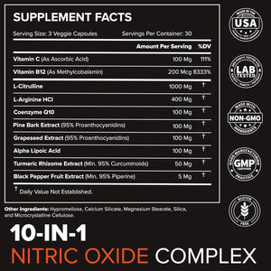 Peak Flow 10-in-1 Nitric Oxide Supplement for Men & Women - L Citrulline, L Arginine & CoQ10 - Healthy Circulation, Heart Health & Stimulant-Free Energy - 90 Capsules