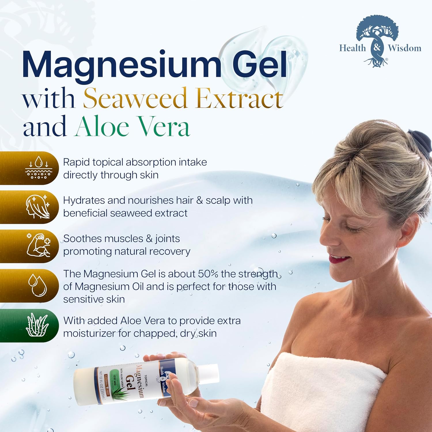 Health and Wisdom Pure Magnesium Gel with Seaweed Extract and Aloe Vera - Topical Muscle & Joint Relief- Natural and Pure Skin & Scalp Moisturizing - Enhanced Absorption - 64 Fl oz