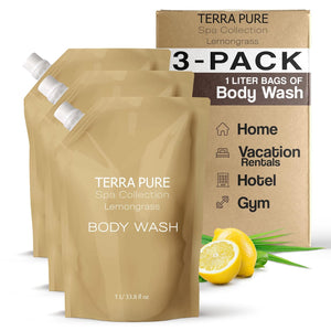 Terra Pure Spa Collection 1 Liter Body Wash Refill Bag For Soap Dispensers | Bulk Toiletries for Vacation Rentals, and Home Bathroom Showers | Green Tea Lemongrass | Set of 3