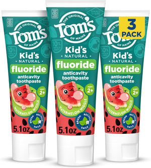 Tom's of Maine Anticavity Kids Natural Toothpaste Variety Pack, Strawberry, Orange Mango, Watermelon Flavors, Kids Toothpaste with Fluoride, Safe for Ages 2 and Up, 5.1 oz (Pack of 3)