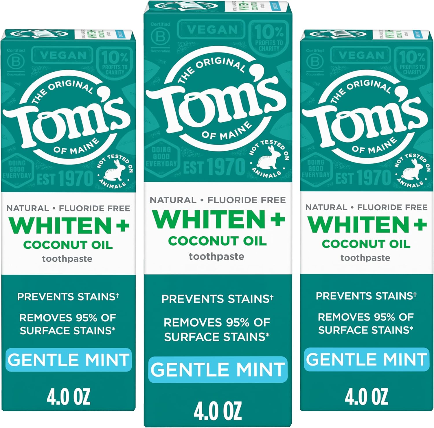 Tom’s of Maine Whiten Plus Coconut Oil Fluoride Free Toothpaste, Natural Whitening Toothpaste with Plant-Based Cleansers, Whitens Without Causing Sensitivity, Gentle Mint, 4.0 Oz (Pack of 3)
