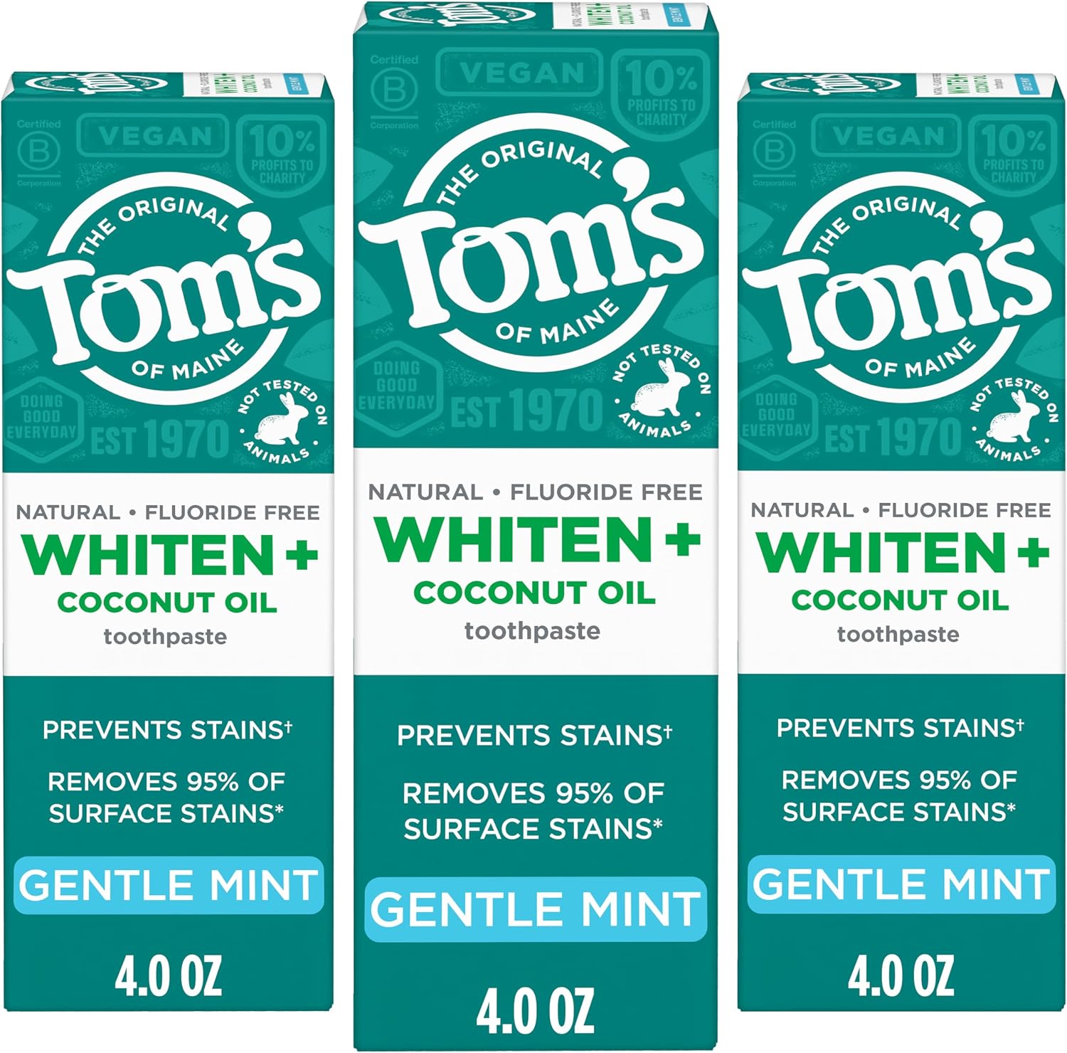 Tom’s of Maine Whiten Plus Coconut Oil Fluoride Free Toothpaste, Natural Whitening Toothpaste with Plant-Based Cleansers, Whitens Without Causing Sensitivity, Gentle Mint, 4.0 Oz (Pack of 3)