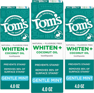 Tom’s of Maine Whiten Plus Coconut Oil Fluoride Free Toothpaste, Natural Whitening Toothpaste with Plant-Based Cleansers, Whitens Without Causing Sensitivity, Gentle Mint, 4.0 Oz (Pack of 3)