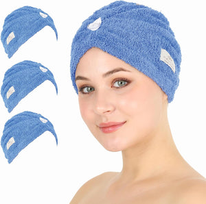 HALLEY Cotton Hair Towel Wrap (3 Packs) Super Absorbent Fast Drying Turbans for Thick, Wet Hair with Button (Black, Grey, Pink)