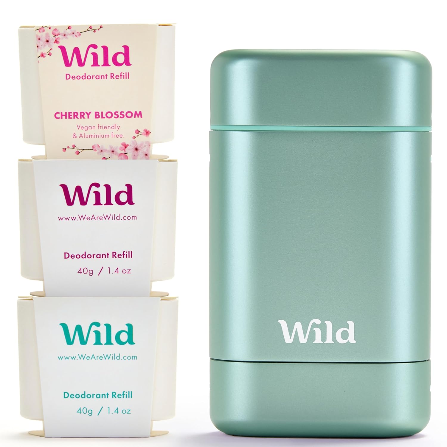 Wild Aluminum Free Deodorant Starter Kit - Refillable Stick Deodorant with Aqua Applicator Case & Vegan Refill Variety Pack - Fresh Cotton & Sea Salt, Cherry Blossom and Coconut & Vanilla Scents