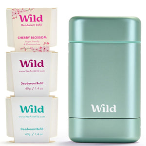 Wild Aluminum Free Deodorant Starter Kit - Refillable Stick Deodorant with Aqua Applicator Case & Vegan Refill Variety Pack - Fresh Cotton & Sea Salt, Cherry Blossom and Coconut & Vanilla Scents