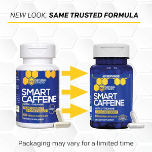 NATURAL STACKS Smart Caffeine Pills - 100mg Caffeine + 200mg L-Theanine Supplement - Supports Energy and Focus - No Jitters and No Crash - 60 Capsules