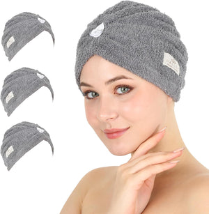 HALLEY Cotton Hair Towel Wrap (3 Packs) Super Absorbent Fast Drying Turbans for Thick, Wet Hair with Button (Black, Grey, Pink)