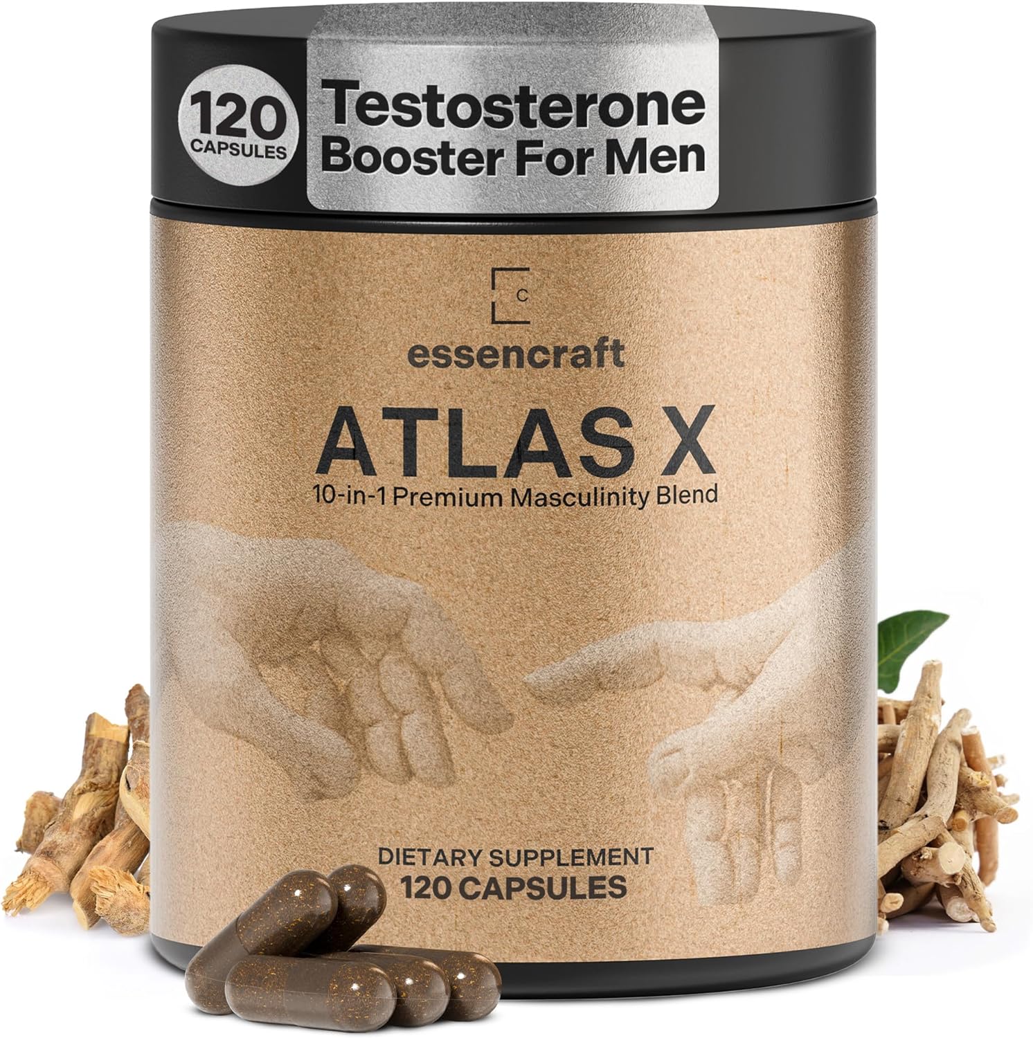 Essencraft Atlas X Testosterone Supplement for Men – 10-in-1 Natural Testosterone Booster & Muscle Booster w/Shilajit, Zinc, Tongkat Ali, & More (120 Capsules)