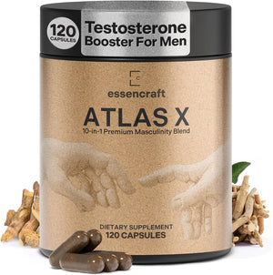 Essencraft Atlas X Testosterone Supplement for Men – 10-in-1 Natural Testosterone Booster & Muscle Booster w/Shilajit, Zinc, Tongkat Ali, & More (120 Capsules)
