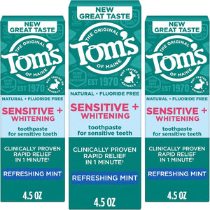 Tom's of Maine Rapid Relief Plus Sensitive Teeth Toothpaste, Fluoride Free, Gentle Mint, 4.5 Oz, 3 Pack, Clinically Proven Enamel Safe, Builds Arginine and Calcium Shield Around Teeth