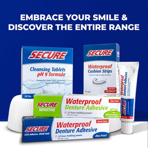 Secure Sensitive Denture Adhesive Cream, Zinc Free Glue, 1.4 oz, 4 Pack | Aloe Vera & Myrrh to Nourish Your Gums - Uppers, Lowers & Partials - Waterproof & Zinc Free - Less Adhesive, More Hold