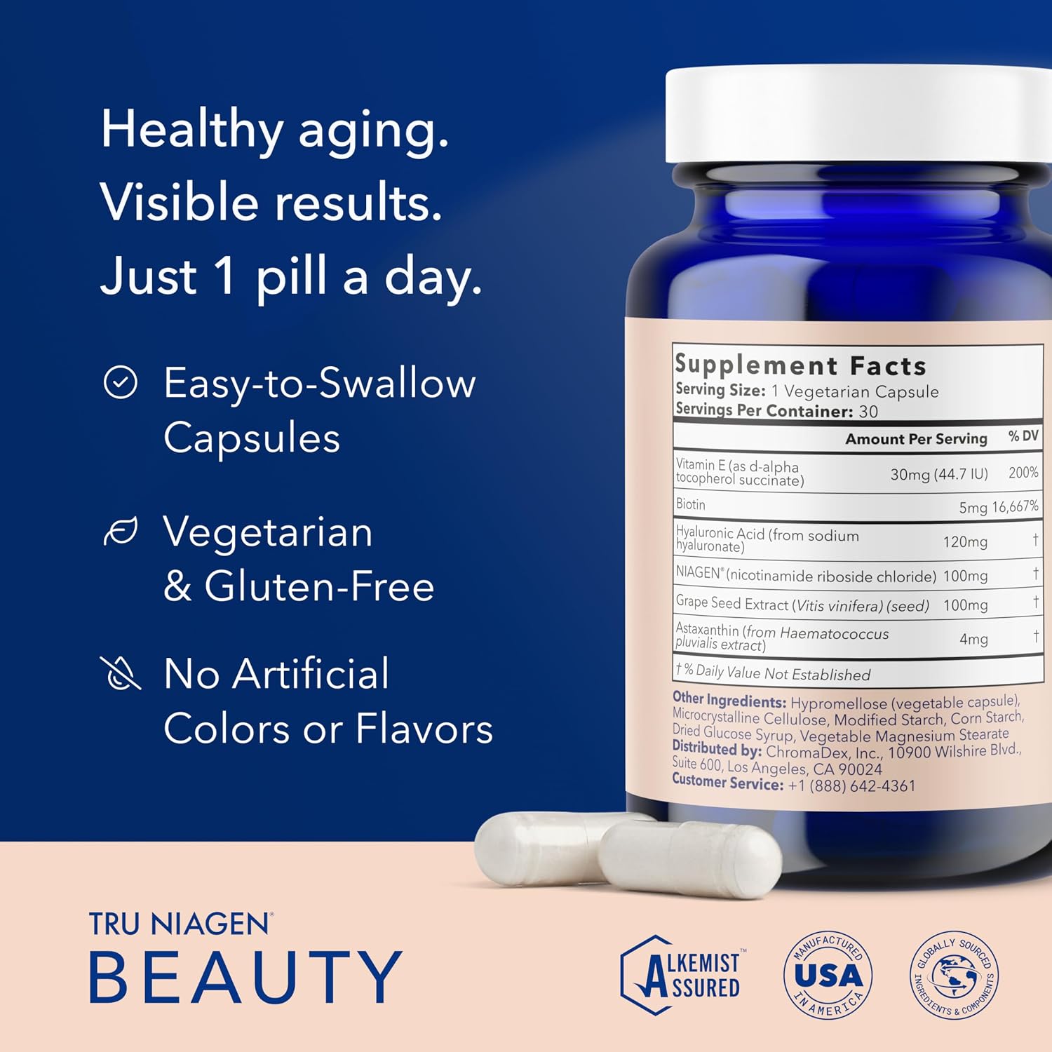 TRU NIAGEN Beauty NAD+ Supplement, Hair, Skin & Nails, Biotin, 30-Count | Beauty from within: Patented Niagen NR with Biotin, Astaxanthin & Hyaluronic Acid for hair, skin, nails and healthy aging.