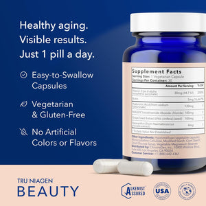 TRU NIAGEN Beauty NAD+ Supplement, Hair, Skin & Nails, Biotin, 30-Count | Beauty from within: Patented Niagen NR with Biotin, Astaxanthin & Hyaluronic Acid for hair, skin, nails and healthy aging.
