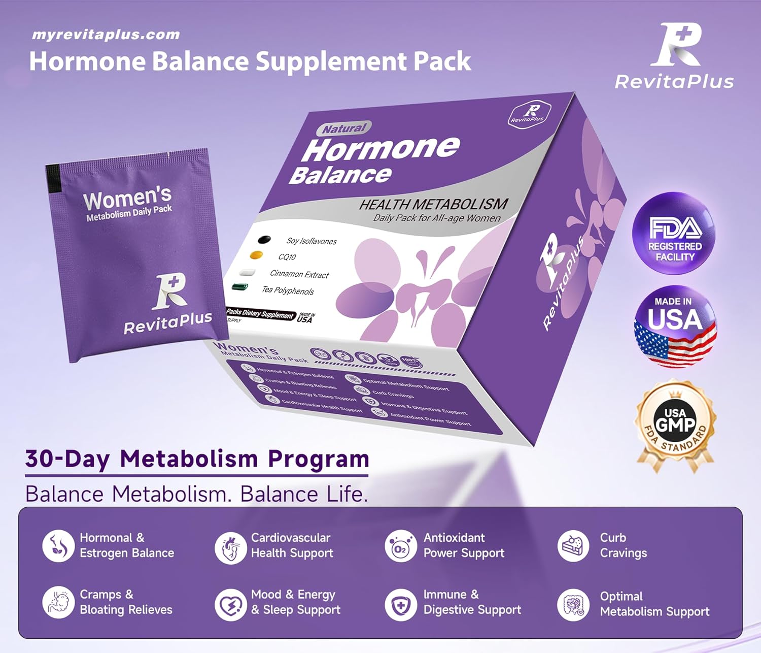 Natural Hormone Balance for Women, Menopause Supplements for Women with Evening Primrose Oil, CoQ10, Soy Isoflavones, Daily Pack Supports Peri+Menopause+Post, PMS, Metabolism, Mood, Energy 30 Packs