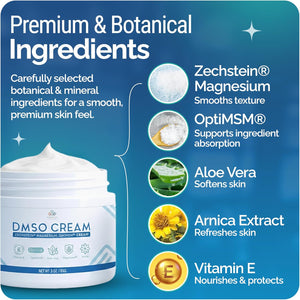 DMSO Cream 99.9% Pure Pharmaceutical Grade – Muscle, Joint & Skin cream | Fast-Absorbing with Magnesium, MSM, Arnica, Aloe and Vitamin E | Non-Greasy 3 oz (1-Pack) | Made in USA