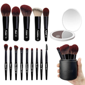Jilier Travel Makeup Brush Set, 14 pcs Mini Makeup Brushes for Foundation, Powder, Eyeshadow, Highlight, Contour, Blush & Concealer, Small Makeup Brush Set Purse Size with Case