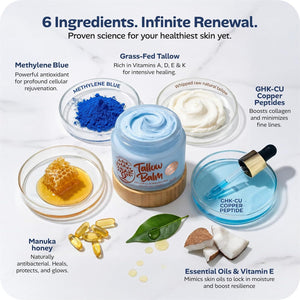 Copper Peptide GHk-Cu & Methylene Blue Infused Whipped Grass Fed Tallow Balm, Fine lines, Wrinkles, Eczema, Acne, Full body Moisturizer, For All Skin, With Organic Ingredients (1.7oz)