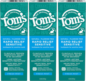 Tom's of Maine Rapid Relief Plus Sensitive Teeth Toothpaste, Fluoride Free, Gentle Mint, 4.5 Oz, 3 Pack, Clinically Proven Enamel Safe, Builds Arginine and Calcium Shield Around Teeth