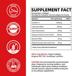 Urolithin A Supplement, 2000mg 6 in 1 Vital Longevity Blend - 120 Softgels | with Liposomal NAD+, CoQ10, Trans-Resveratrol, TMG, PQQ丨for Cellular Renewal* & Healthy Aging*, Mitochondrial Support*