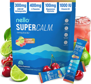 Nello Supercalm Powdered Drink Mix, Cortisol Reducer and Sleep Aid Supplement, L Theanine, Ksm-66 Ashwagandha, Magnesium Glycinate, Vitamin D 3, No Sugar, Non GMO, On The Go, 20 Ct, Honeydew Melon