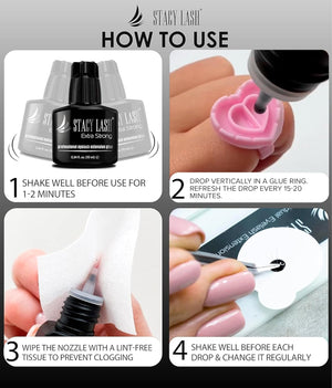 STACY LASH Extra Strong Eyelash Extension Glue (0.34fl.oz / 10ml) / 0.5-1 Sec Dry/Retention – 8 Weeks/Black Adhesive/Lash Tech Supplies + Glue Ring