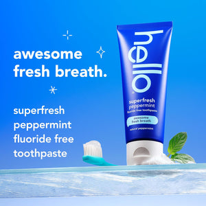 Hello Superfresh Natural Peppermint Fluoride Free Toothpaste for Bad Breath, 5 Oz, Minty Bad Breath Toothpaste, SLS Free, Vegan, Helps Whiten Teeth by Removing Surface Stains (Pack of 3)