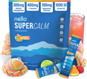 Nello Supercalm Powdered Drink Mix, Cortisol Reducer and Sleep Aid Supplement, L Theanine, Ksm-66 Ashwagandha, Magnesium Glycinate, Vitamin D 3, No Sugar, Non GMO, On The Go, 20 Ct, Honeydew Melon