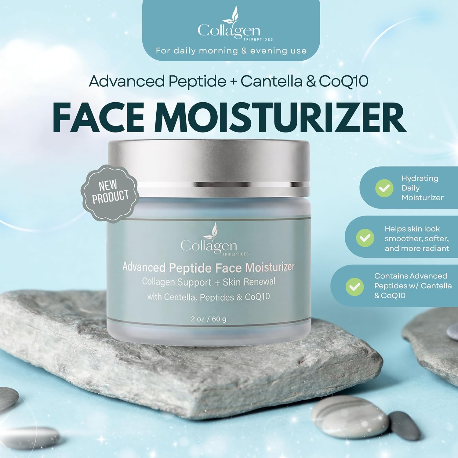 GHK-Cu Copper Peptide Face Cream with CoQ10 & Collagen – Hydrating & Firming Daily Moisturizer for Mature, Dry Skin, infused with Centella Asiatica (2 oz)