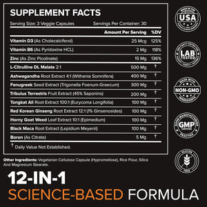 Peak Potential 12-in-1 Testosterone Support for Men – Fenugreek, Ashwagandha & Tongkat Ali – Natural Strength, Energy & Muscle Builder – 90 Capsules