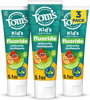 Tom's of Maine Anticavity Kids Natural Toothpaste Variety Pack, Strawberry, Orange Mango, Watermelon Flavors, Kids Toothpaste with Fluoride, Safe for Ages 2 and Up, 5.1 oz (Pack of 3)