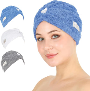 HALLEY Cotton Hair Towel Wrap (3 Packs) Super Absorbent Fast Drying Turbans for Thick, Wet Hair with Button (Black, Grey, Pink)
