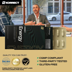 Korrect Energy Paraxanthine Supplement | Clean Energy & Focus Support | Caffeine Alternative for Mental Clarity & Jitter-Free Stamina | Vegan, Gluten Free, Non-GMO | 30 Capsules