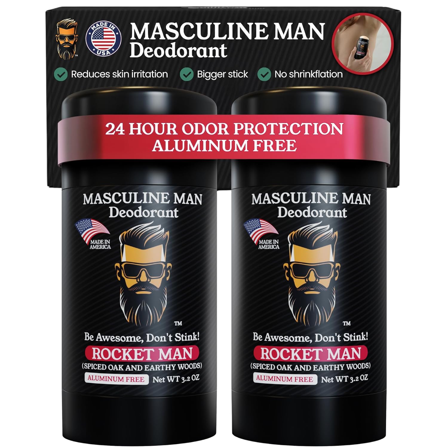 Deodorant for Men - Aluminum Free Mens Deodorant - Natural Deodorants - Sweat Protection for Underarm, No Stain Stick Deodorants, Made in USA, 3.2oz (Pack of 2, Rocket Man)