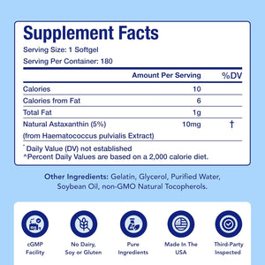 Astaxanthin Supplement for Men and Women | Antioxidant & Carotenoid Rich Astaxanthin 10mg From Haematococcus Pluvialis Microalgae for Eye & Skin Health Support (180 Day Supply) Packaging May Vary