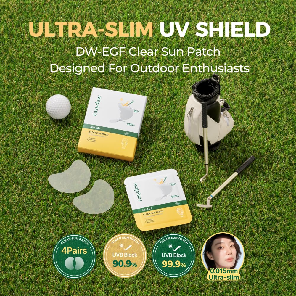 EASYDEW DW-EGF Peptide Clear Patch - Outdoor UV Block Ultra-Thin Transparent Sun Patches for Golf, Riding, Hiking, Driving - Adenosine, Glutathione, Hydrolyzed Collagen, 4 Packs