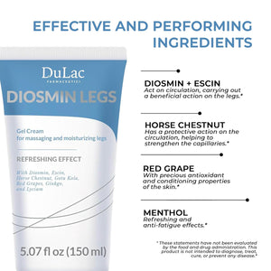 Dulac, Diosmin Legs Gel Cream, Cooling & Refreshing, with Diosmin & Menthol, Horse Chestnut Extract, Butcher's Broom & Red Vine, Fast-Absorbing, Non-Greasy, Daily Leg Care, 5.07 fl oz, Made in Italy