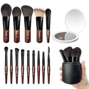 Jilier Travel Makeup Brush Set, 14 pcs Mini Makeup Brushes for Foundation, Powder, Eyeshadow, Highlight, Contour, Blush & Concealer, Small Makeup Brush Set Purse Size with Case