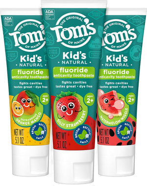 Tom's of Maine Anticavity Kids Natural Toothpaste Variety Pack, Strawberry, Orange Mango, Watermelon Flavors, Kids Toothpaste with Fluoride, Safe for Ages 2 and Up, 5.1 oz (Pack of 3)
