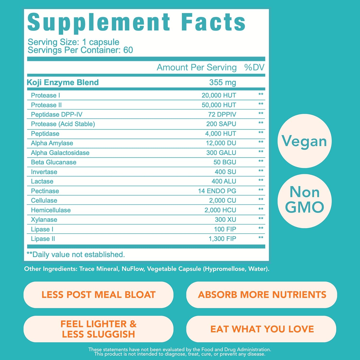 Koji Digestive Enzymes - Supplement for Bloating Relief for Women & Men, Nutrient Absorption & Gut Health Support, Breaks Down Protein, Carbs & Fats, 60 Capsules (30-Day Supply)