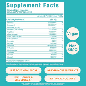 Koji Digestive Enzymes - Supplement for Bloating Relief for Women & Men, Nutrient Absorption & Gut Health Support, Breaks Down Protein, Carbs & Fats, 60 Capsules (30-Day Supply)