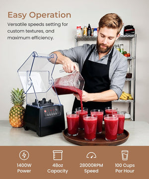 SYBO HS-210E Professional-Grade Commercial Blender With Quiet Shield, Heavy-Duty 2HP High-Speed, 48oz BPA-Free Jar, Easy Cleaning & Dishwasher-Safe, for Juice, Ice Shakes, Smoothies, Metallic