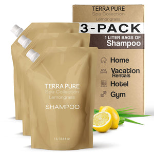 Terra Pure Spa Collection 1 Liter Body Wash Refill Bag For Soap Dispensers | Bulk Toiletries for Vacation Rentals, and Home Bathroom Showers | Green Tea Lemongrass | Set of 3