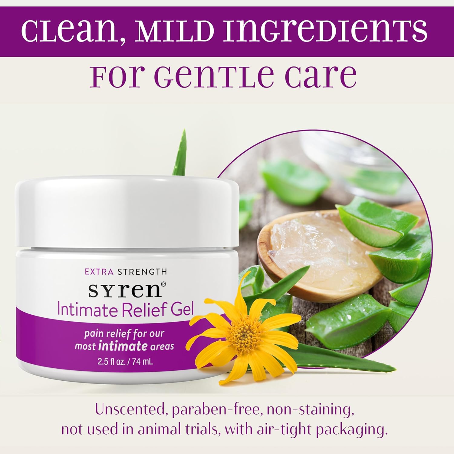 Syren Intimate Relief Gel with 4% Lidocaine for External Sensitivity, vulvodynia, dyspareunia, Vaginal discomfort, Dryness, Gentle Postpartum and Post-Procedure Support, 2.5 oz, Made in USA