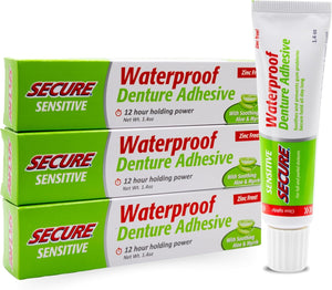 Secure Sensitive Denture Adhesive Cream, Zinc Free Glue, 1.4 oz, 4 Pack | Aloe Vera & Myrrh to Nourish Your Gums - Uppers, Lowers & Partials - Waterproof & Zinc Free - Less Adhesive, More Hold