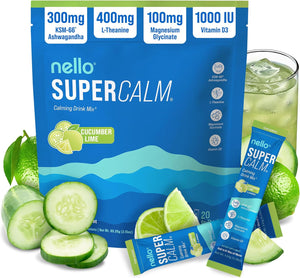 Nello Supercalm Powdered Drink Mix, Cortisol Reducer and Sleep Aid Supplement, L Theanine, Ksm-66 Ashwagandha, Magnesium Glycinate, Vitamin D 3, No Sugar, Non GMO, On The Go, 20 Ct, Honeydew Melon