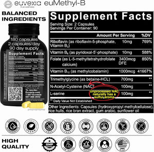 Methylated B Complex Vitamins Riboflavin B6 B12 Folate L-Serine NAC & TMG Supplements Brain Heart MTHFR Immune Support - Methylated Multivitamin L Methylfolate Active 5-MTHF (180) Dr Ekberg euMethyl-B