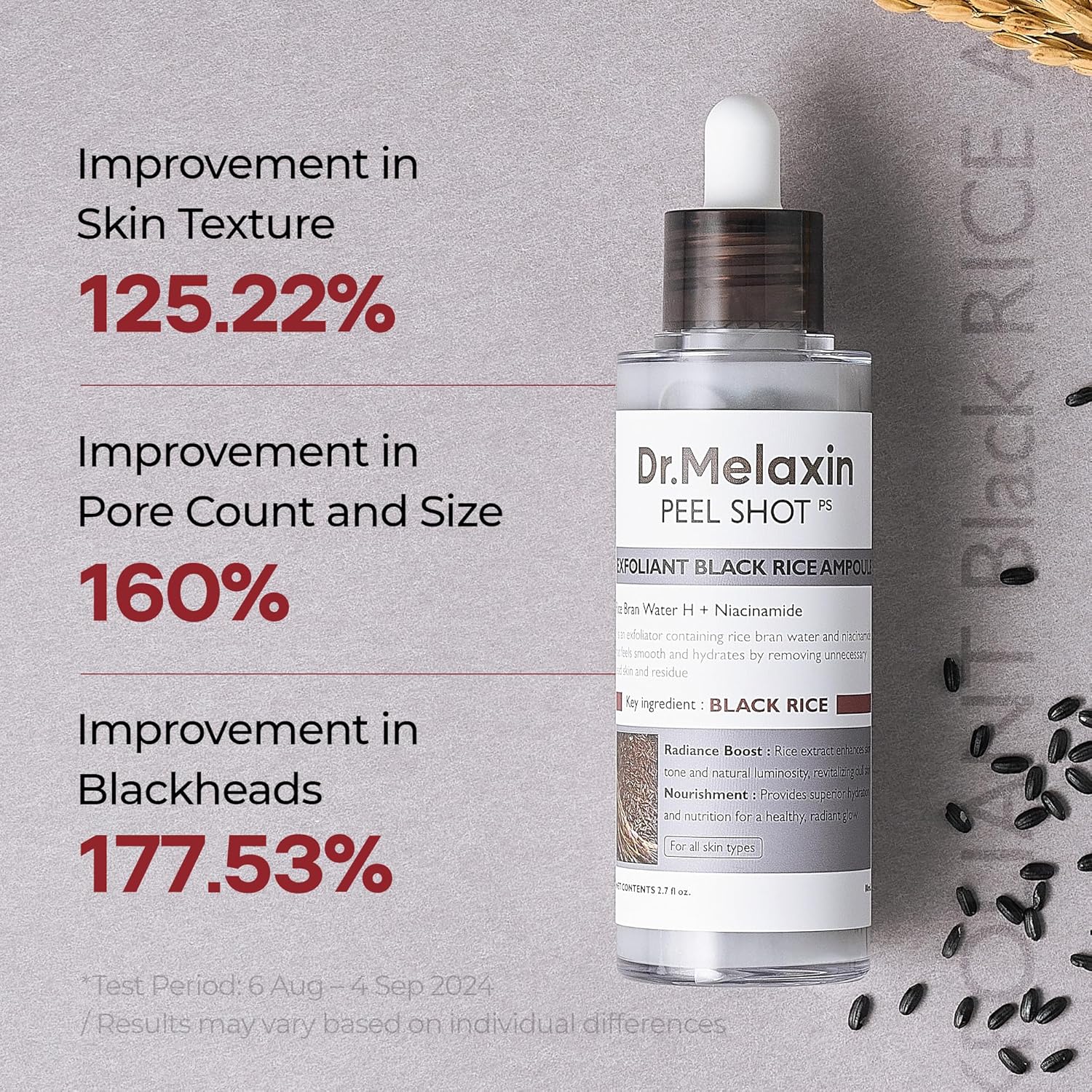 Dr.Melaxin Peel Shot Glow Black Rice Peeling Ampoule 80ml, Dead Skin Gentle Exfoliating Ampoule with Rice Water Extract, AHA BHA, Niacinamide, Daily Skin Texture Care, All Skin Types, Korean Skincare