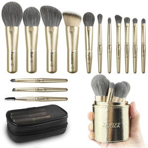 Jilier Travel Makeup Brush Set, 14 pcs Mini Makeup Brushes for Foundation, Powder, Eyeshadow, Highlight, Contour, Blush & Concealer, Small Makeup Brush Set Purse Size with Case